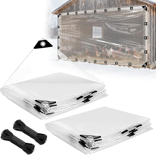 10x13ft Anti-Tear Clear Tarp Waterproof for Patio Winterizing - 2pcs Windproof Poly Tarpaulin, Heavy Duty Transparent Enclosure with Grommets for Covering Chicken Coops Greenhouse Garden Plants