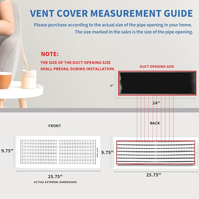 24x8 Vent Register [Duct Opening], Vent Covers for Home Ceiling, Two-Way Ventilation Register, Adjustable Solid Steel Wall Register Vent Cover (24"W x8"H [Duct Opening])