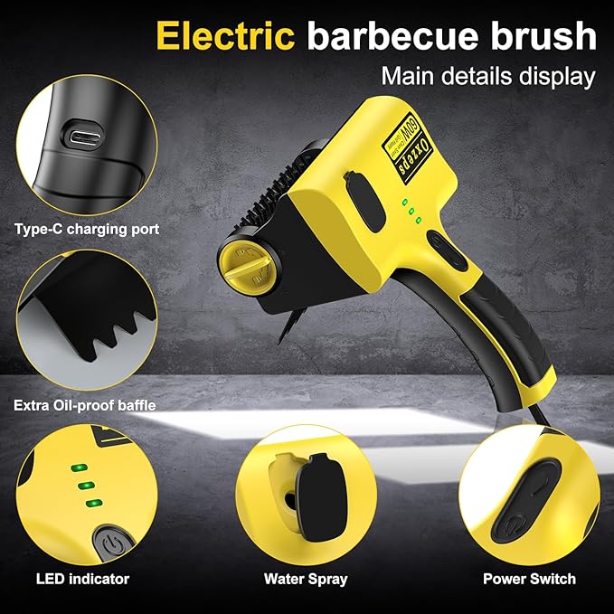 Oxzeps Outdoor Electric BBQ Brush, 2600mAh Battery Capacity 7.4V 2-Speed Power Control Rechargeable Grill Brush with 2 Brush Heads, 360° Rotating Cleaning Brush.