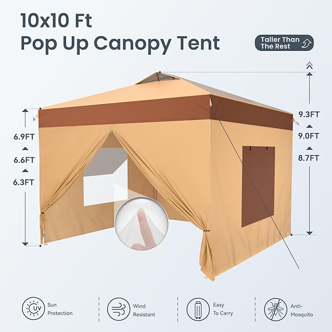 PHI VILLA 10x10 Pop Up Canopy Tent with Sidewalls - Easy Up Tent with Mesh Windows for Ventilation, Waterproof Design - Ideal for Parties, Beach, and Outdoor Events (Beige)