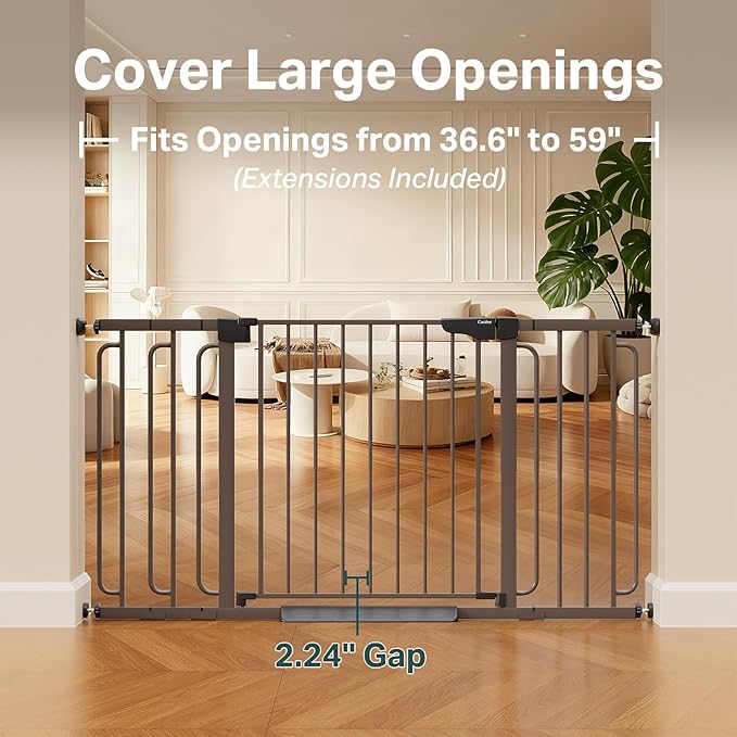 Cumbor 29.7-59" Extra Wide Baby Gate for Stairs, Pressure Mounted Dog Gate for Doorways, Auto-Close Easy Walk Through Safety Child Gate for Kids Toddler, Tall Pet Gates Indoor, Brown