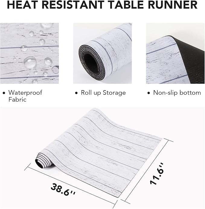 Trivet Table Runner Hot Plates Mat 12 X 40 Inch Heat Resistant Table Protector Waterproof Decorative Farmhouse Kitchen Trivets Counter Heat Proof Placemats for Hot Dishes (Rustic White Wood)