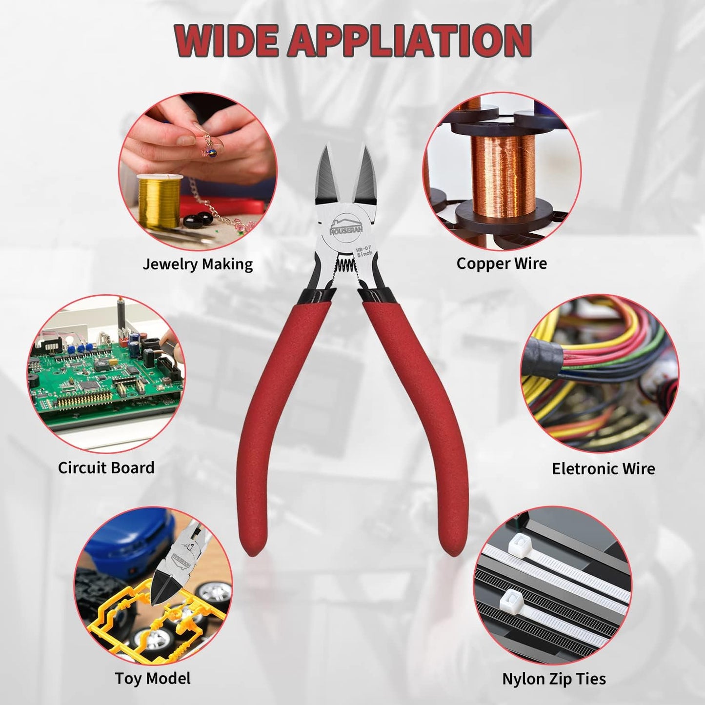 Wire Cutters 5 Pack, 5 Inch Wire Cutters Set, HOUSERAN Side Cutters Flush Cut Pliers, Spring Loaded Cutting Pliers with Non-slip Red Handle, Dikes Wire Cutters Snips for Model Kits, Crafting, Zip Ties