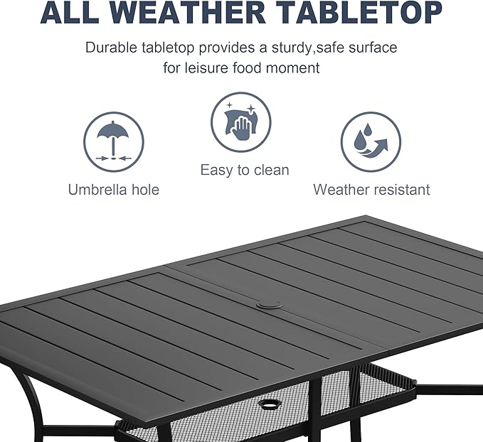 VICLLAX Rectangle Patio Dining Table for 6 Person, Outdoor Metal Steel Slat Table with Umbrella Hole for Patio, Lawn, Garden, Porch, Black