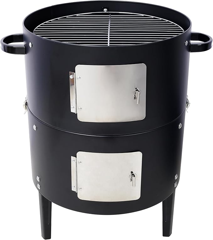 17 Inch Charcoal Smoker Grill, Heavy Duty Vertical BBQ Smoker with Thermometer, Dual Access Doors, Adjustable Air Vent, Outdoor Steel Grill for Smoking & Grilling