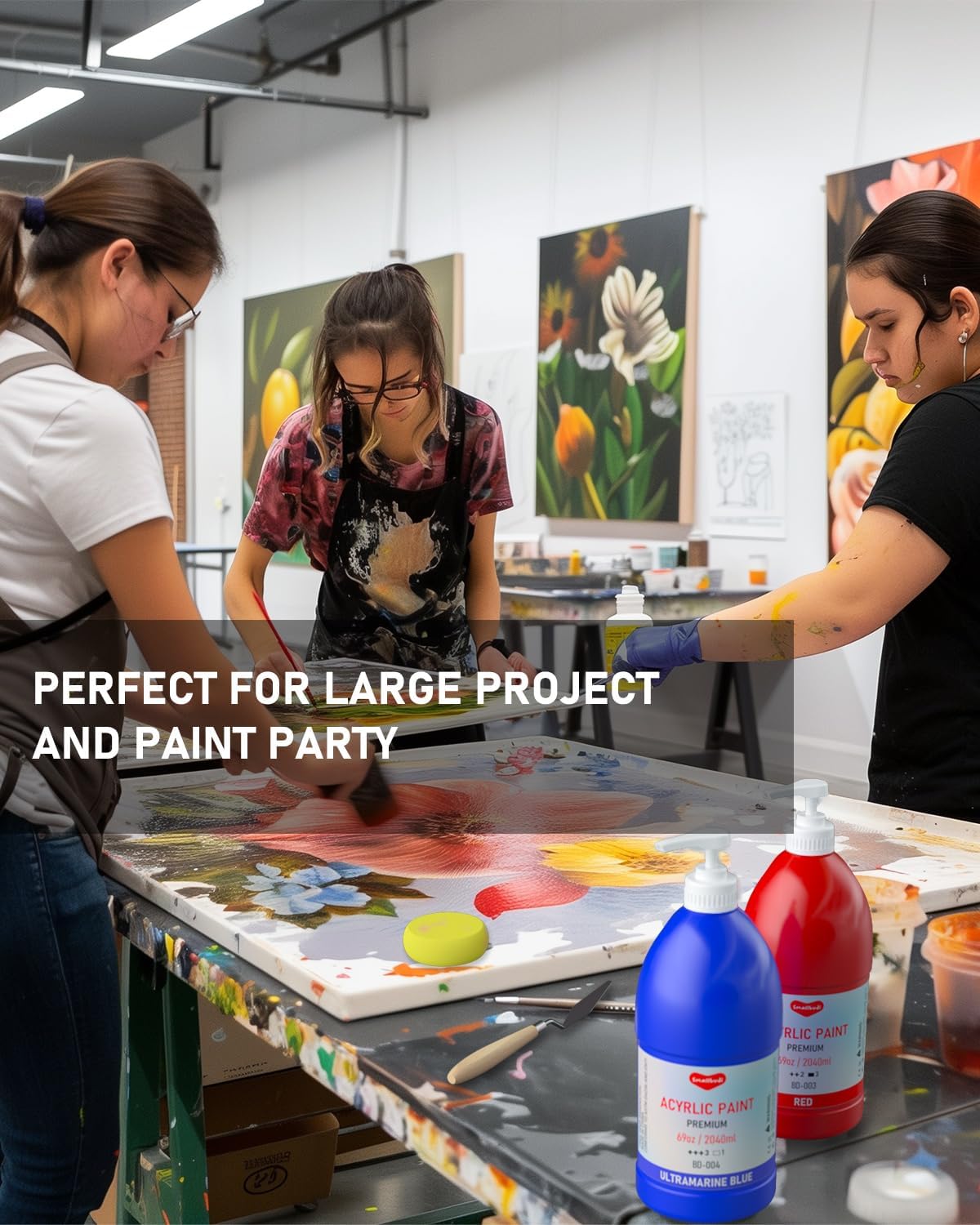 6 Colors Large Acrylic Paint Set (69 oz,2040 ml) Art Painting Bulk Supplies for Multi Surface Canvas Wood Leather Fabric Rock Craft, Non Toxic Paint for Kid & Adult with Pump