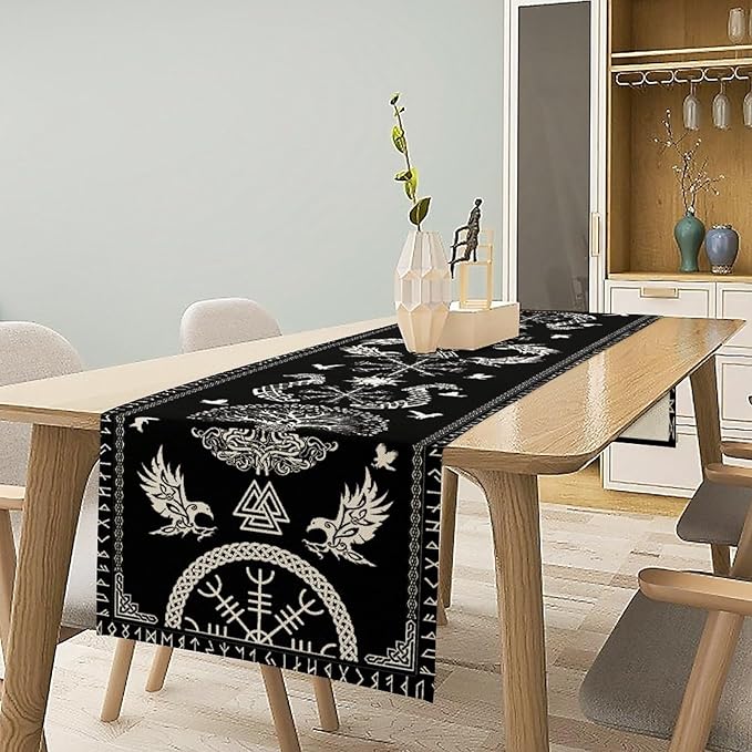 Viking Table Runner, Black Viking Tree of Life Raven Helmet of Awe Table Runner for Kitchen Dining Home Party 13x90in