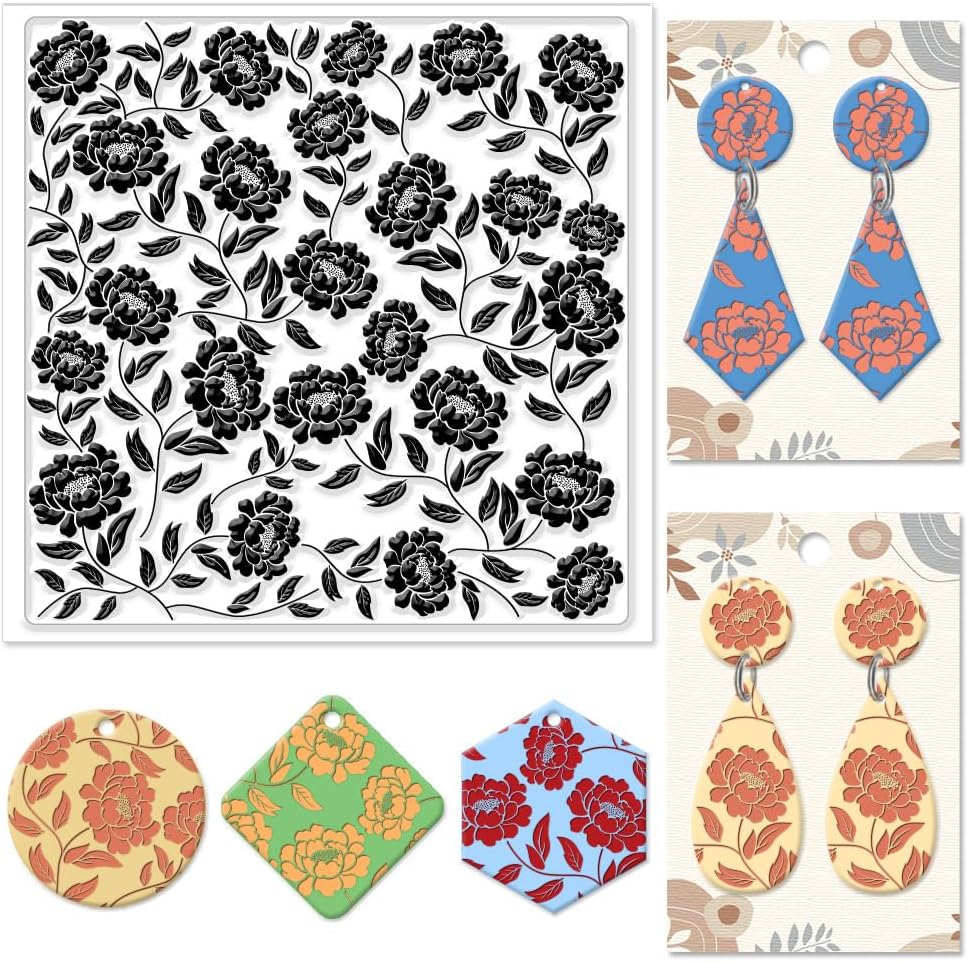 CHGCRAFT Peony Polymer Clay Texture Sheets Peony Silicone Clay Texture Stamp Clay Modeling Pattern Pad Texture Sheets for Earrings Jewelry Making