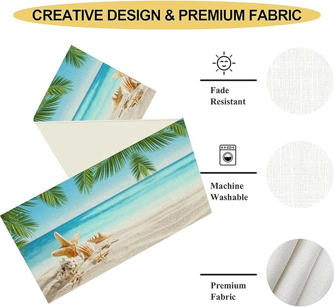 Summer Coastal Table Runner, Nautical Starfish Beach Seashell Ocean Tropical Palm Seasonal Coffee Table Center Decor for Home Kitchen Dining Patio Holiday Party Table Decorations 13"x36"