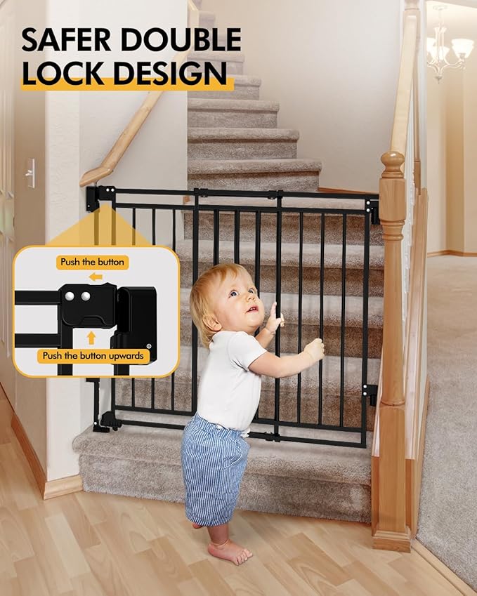 Baby Gate for Stairs Doorways & Kitchen, 26.4"-43" W x 29" H, No Bottom Bar Dog Gate, One-Handed Auto-Close, Hardware Mount Safety Gate for Dogs & Toddlers, Black