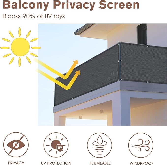 Sunny Guard Customized 3'x8' Dark Grey Balcony Privacy Screen,90% Shade Apartments Fence Cover,Heavy Duty Mesh Windscreen for Deck,Outdoor,Backyard,Patio