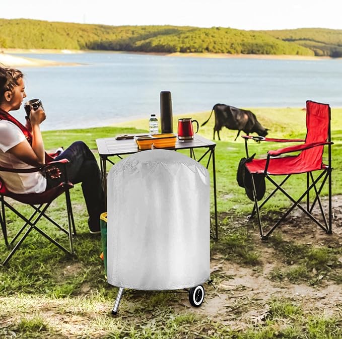 Mikikit Polyester Outdoor Grill Cover BBQ Barbecue Protective Cover with Drawstring Heavy Duty Round Grill Dustproof Shield for Patio Cooking