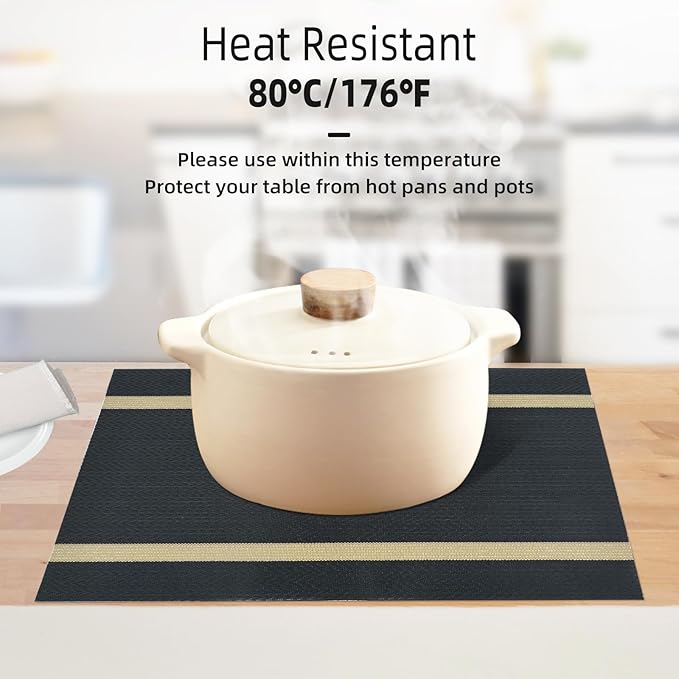 Luxurious Placemats Set of 8,Vinyl Table Place Mats Stain Resistant Foldable Placemats Washable Wipeable Placemat for Kitchen Dining Table Decoration Indoor Outdoor (Black)