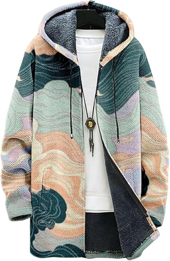 Men's Hooded Sweater Coat Knit Fleece Lined Long Cardigan Jacket with Zip Front Pocket Vintage Casual Zip Up