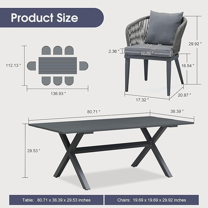 PURPLE LEAF 9 Pieces Patio Dining Set Wicker Outdoor Furniture Rectangular Table and Chairs Set for Garden Deck Aluminum Frame Backyard Kitchen Set, Cushions and Pillows Included Grey