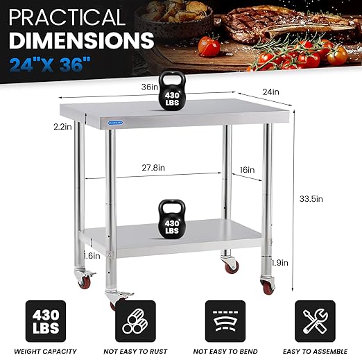 Stainless Steel Table for Prep & Work with 4 Caster Wheels with Undershelf 24 x 36 NSF Metal Commercial Kitchen Adjustable Undershelf Worktable for Restaurant Home Outdoor