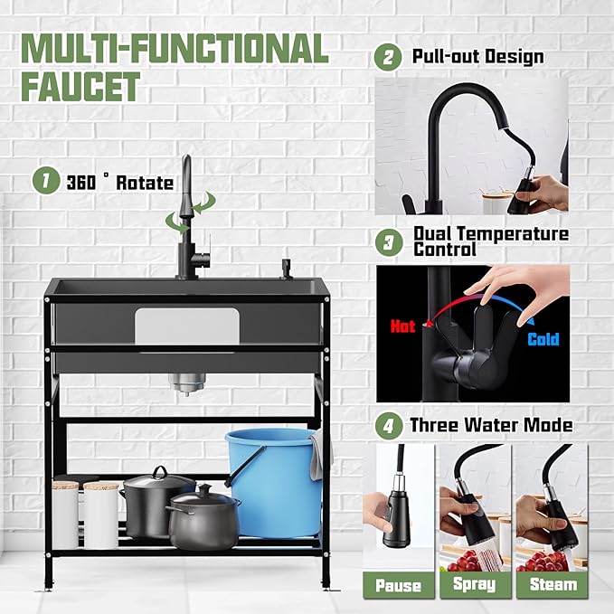 Black 30x22 Inch Freestanding Utility Sink-Stainless Steel Laundry Sink Practicality With Accessories Black Stainless Faucet,Soap Dispenser, SS Sink Grid For Laundry,Garage,Outdoor Kitchen,Garden...