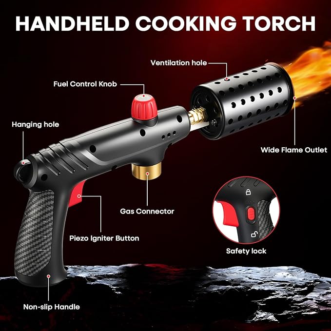 Propane Torch, Cooking Blow Torch Gun with Safety Lock, Charcoal Lighter, Flame Thrower, Kitchen Food Torch Head for Grill, Sous Vide, BBQ (Tank Not Included) (Carbon fiber)