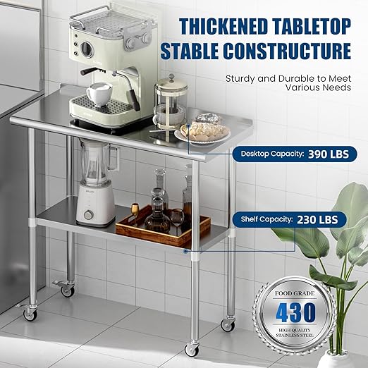Stainless Steel Table with Wheels 18 x 36 Inches Metal Prep Table with Backsplash & Caster, Adjustable Undershelf for Commercial Kitchen, Outdoor, Restaurant, Hotel & Garage