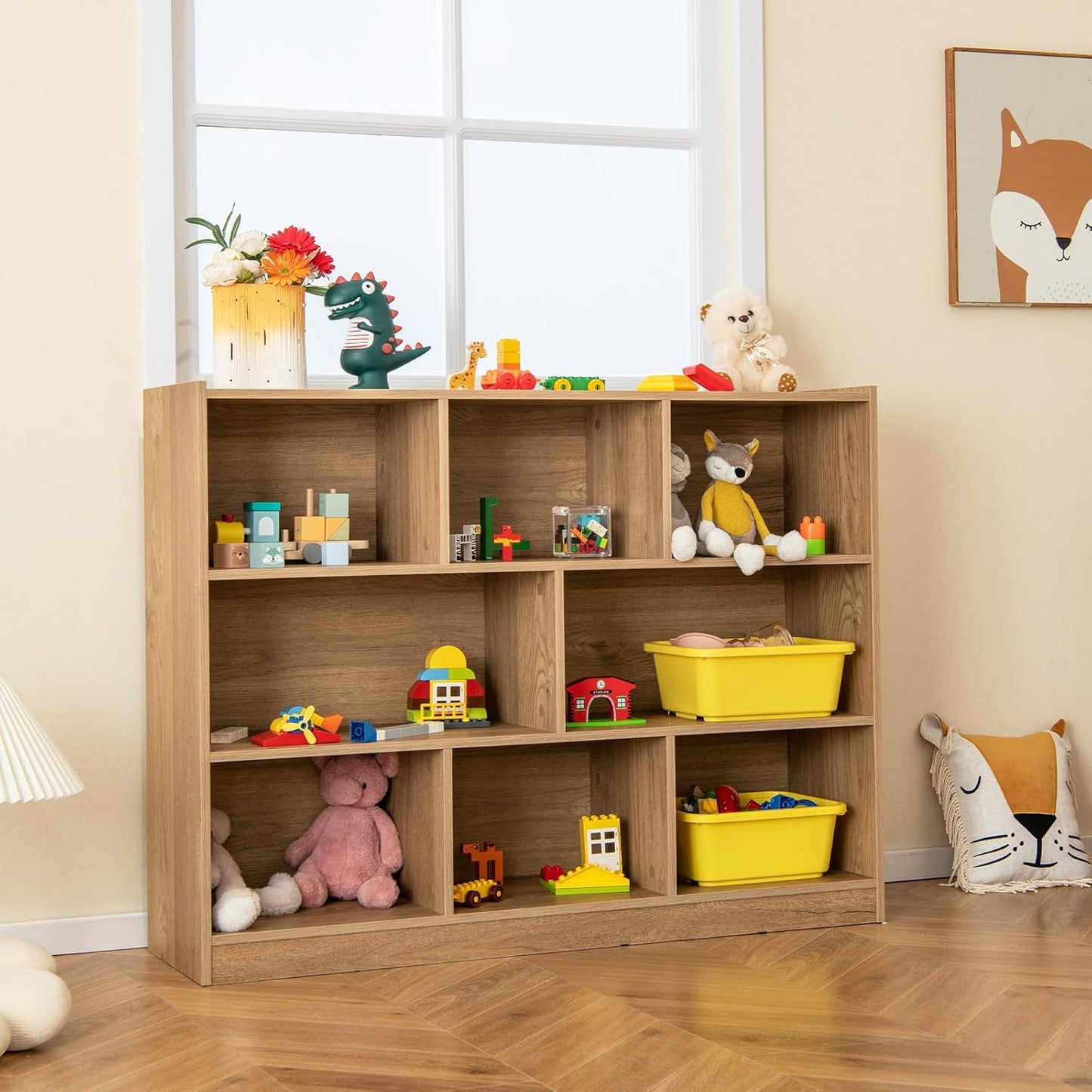 Giantex 8 Cube Bookcase, Freestanding 3-Tier Open Bookshelf, Modern Storage Display Cabinet, Wood Cube Storage Organizer for Living Room, Kid’s Room, Natural