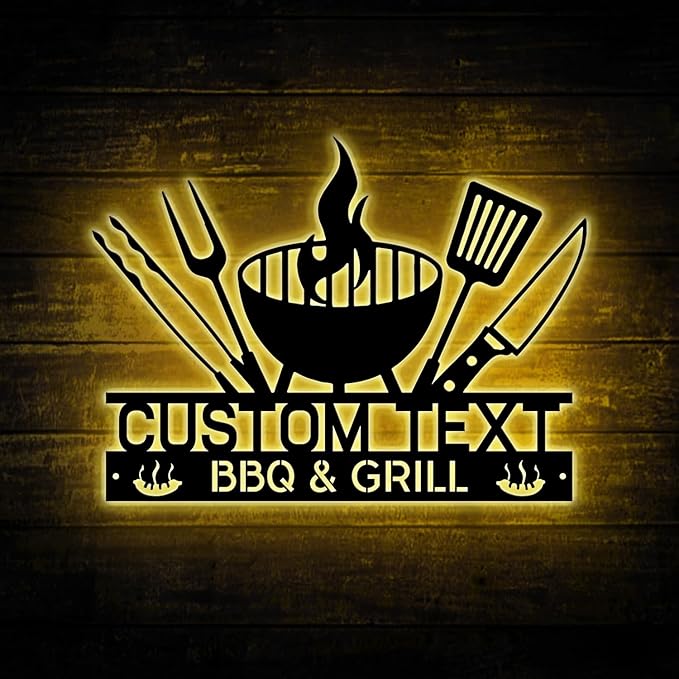 Personalized BBQ Grill Sign with LED Lights – Custom Barbecue Metal Wall Art for Outdoor Bar, Backyard Kitchen, Man Cave, Light Up Outdoor BBQ Decor for Patio