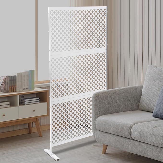 75" H×35" W Decorative Outdoor Privacy Screen with Stand, Outdoor Decor Privacy Fence Screen Metal Fence Panels, Free Standing Metal Divider for Patio Lawn Deck (White-Small Square)