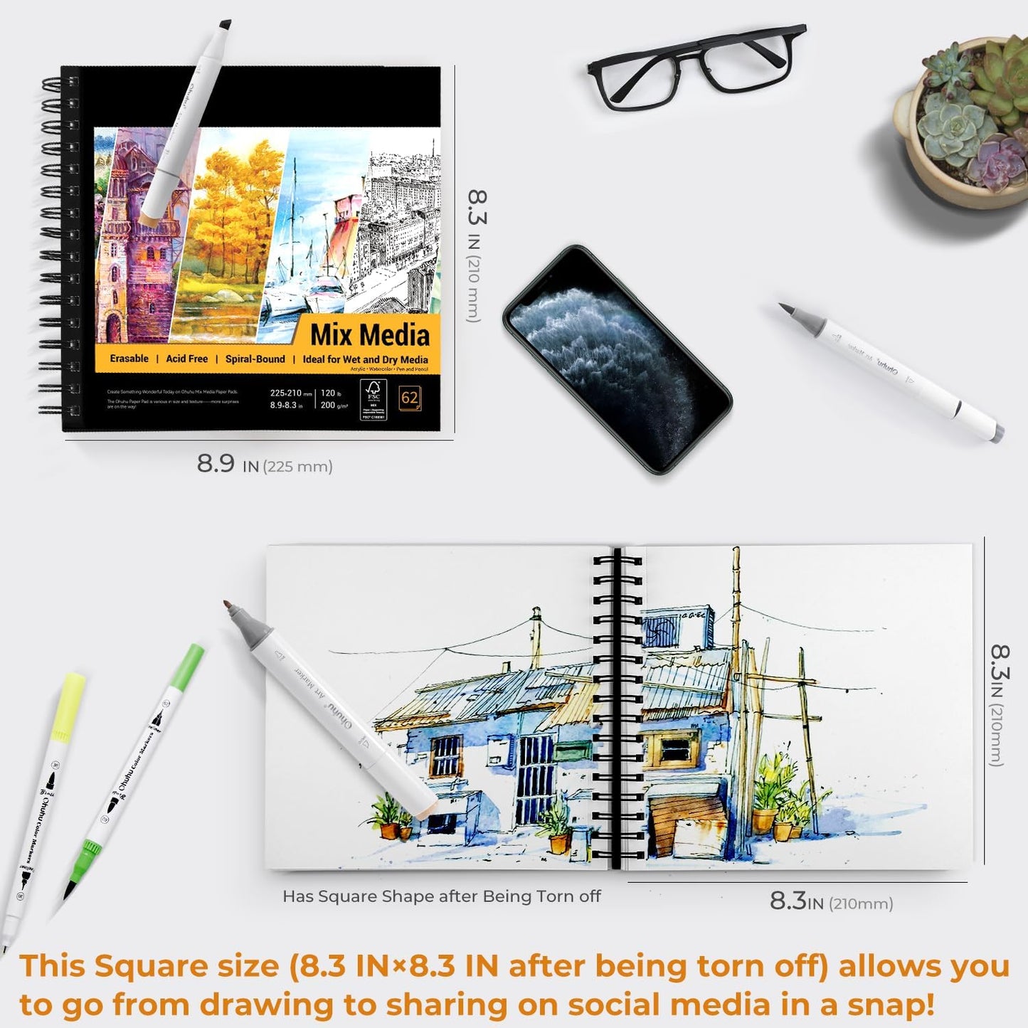 Mix Media Pad, Ohuhu Mixed Media Art Sketchbook, 120 LB/200 GSM Heavyweight Papers, 62 Sheets/124 Pages, Spiral Bound Mixed Media Paper Pad for Christmas Gift