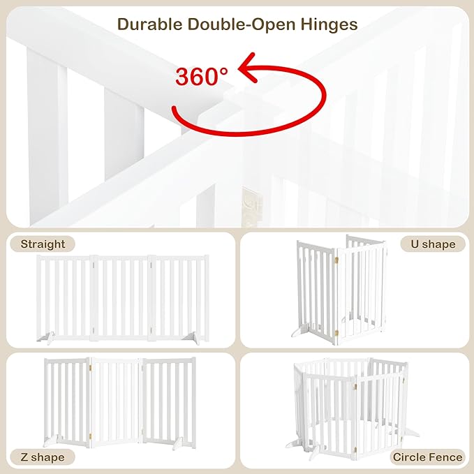 30" Height Tall Freestanding Pet Gate, Solid Wood Folding Safety Fence Wooden Dog Gate with 2 PCs Support Feet Ideal for Stairs, Doorways, Halls, Kitchens, Heavy Duty Gates, 3 Panels, White