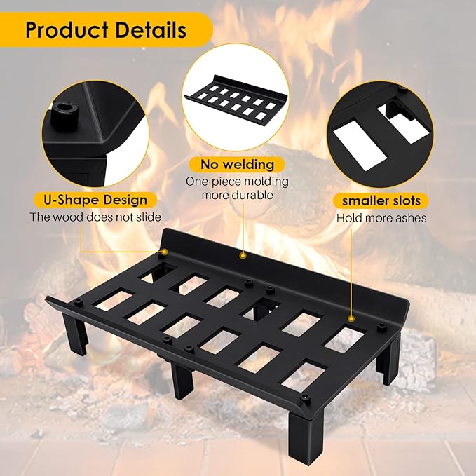 STBoo Fireplace Grate 17inch - Wood Stove Grates Heavy Duty | Fireplace Log Holder | Firewood Log Burning Wrought Iron Rack | Fire Pit Tray for Indoor Chimney Hearth & Outdoor Kindling Tool