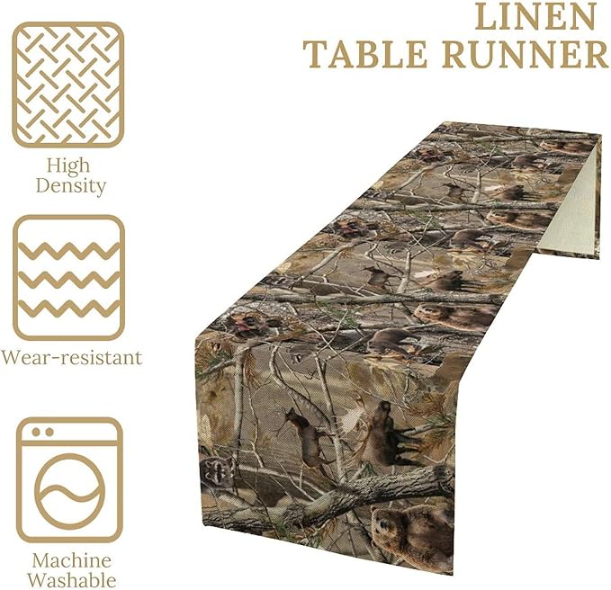 Forest Camouflage Table Runner, Camo Rustic Wildlife Animal Hunting Deer Elk Bird Bear Table Runner for Party Kitchen Dining Banquet 13x108in