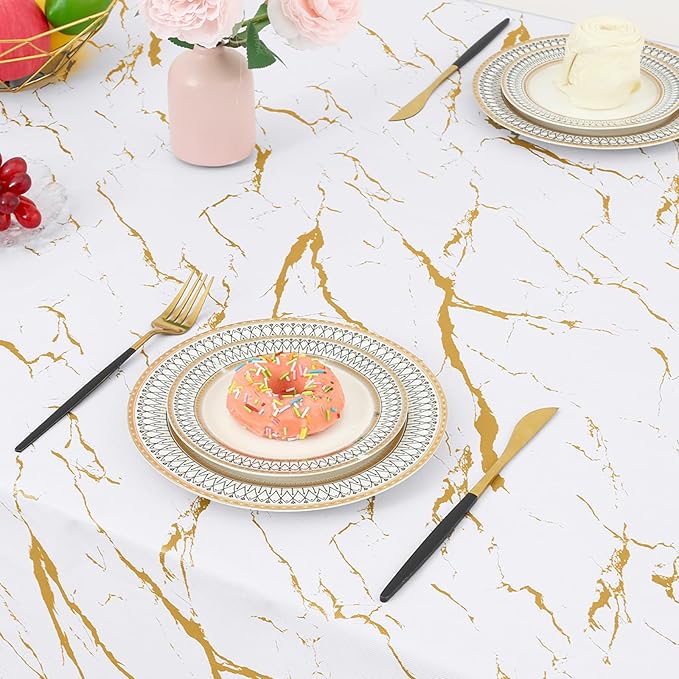 misaya Rectangle Waterproof Vinyl Table Cloth, Wipeable Tablecloth with Flannel Backing, Plastic Table Cover for Dinner, Picnic, Indoor and Outdoor (White Gold Marble, 54" x 78")