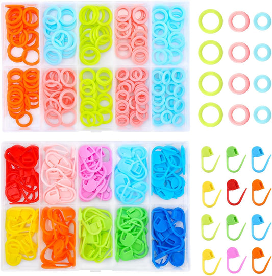 LUNARM 340 Pcs Stitch Ring Markers and Colorful Knitting Crochet Locking Counter Stitch Needle Clips with 2 Storage Boxes for Handicraft Weaving Sewing