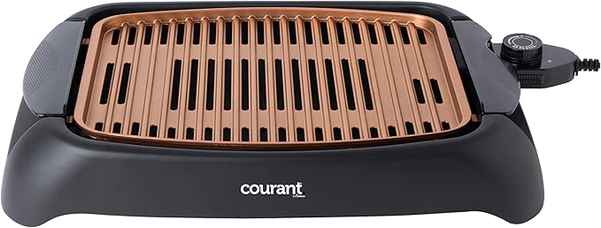 Courant smokeless indoor Electric grill, Copper Non-stick Coating Extra Large and Adjustable Temperature Control, Grill BBQ, Table Top Indoor Grill