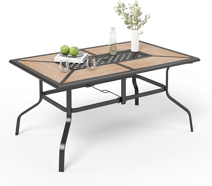 Outdoor Patio Dining Table for 6, 61" x 38" Rectangular Metal Patio Dining Table with Umbrella Hole for Garden, All Weather Wrought Iron Black Outdoor Table Backyard and Porch