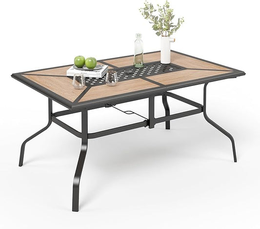 Outdoor Patio Dining Table for 6, 61" x 38" Rectangular Metal Patio Dining Table with Umbrella Hole for Garden, All Weather Wrought Iron Black Outdoor Table Backyard and Porch