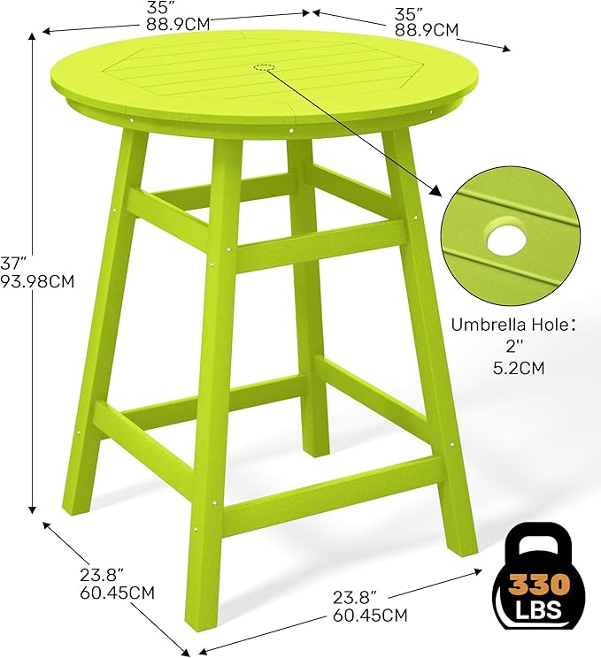 Costaelm Patio Bistro Table, 37" Counter Height Round Patio Cocktail Bar Table with Umbrella Hole, Outdoor Bistro Dining Pub Table for Front Porch Deck Backyard Garden, Lime