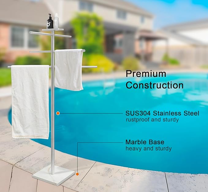 Marble Base Hot Tub Towel Rack for Spa, 304 Stainless Steel 6 Arms Standing Towel Holder with Tray for Swimming Pool Indoor or Outdoor Towel Sheet Drying Rack Brushed Nickel