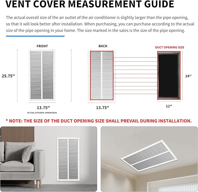 12x24 Return Air Grille(Duct Opening Size),Air Return Vent Cover,Flat Vent Cover,Rejillas De Aire Acondicionado Para Casa,Return Air Grilles,Outer Dimensions:13.75"Wx25.75"H(12"W x 24"H, Duct Opening)