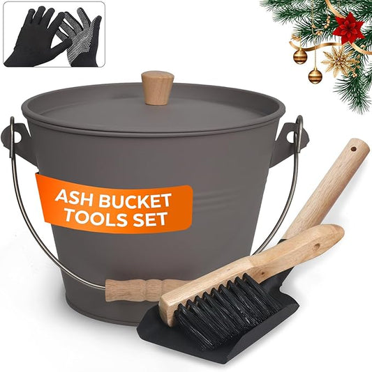 Small Ash Bucket with Lid and Shovel, Metal Fireplace Ash Bucket with Broom, Complete Fireplace Tools Set for Wood Stove and Fireplace, Gray