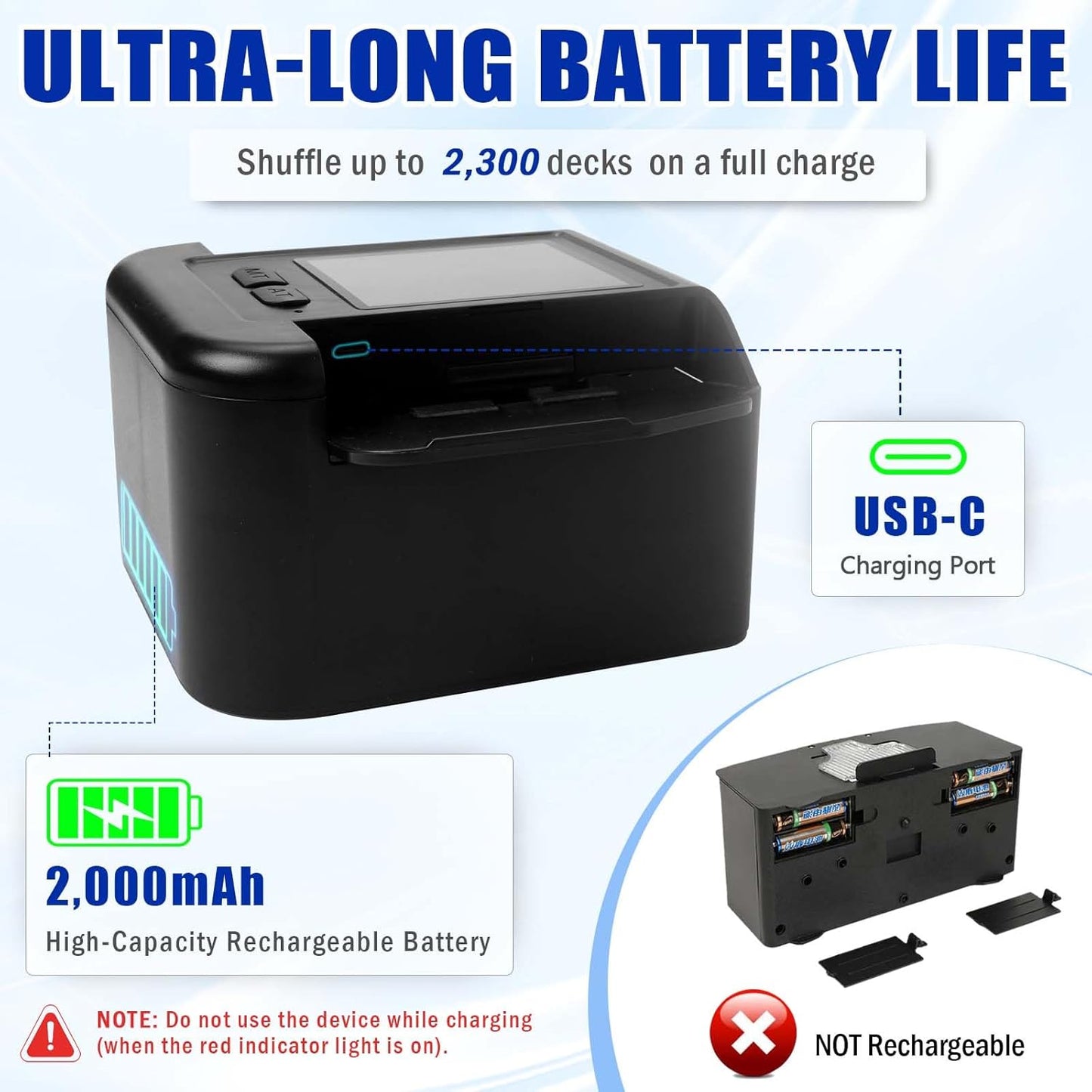 Automatic Card Shuffler 1-2 Decks with Auto & Manual Mode, Rechargeable Built-in 2000mAh Battery, Electric Playing Cards Shuffling Machine for Game Card Size Up to 2.5 x 3.6”(Black)