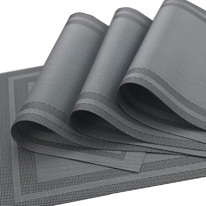 Gugrida Placemats Set of 6 Plaid Checkered Silver Grey PVC Placemat for Dining Table Durable Woven Vinyl Stain tablemats 18"X12"