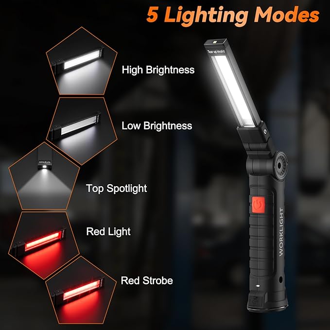 Magnetic Work Light 6Pack, Rechargeable Work Light with 360° Rotation, 5 Mode Mechanic Light, Compact Rechargeable Flashlight with Hook for Car Repairing, Camping, Emergency, Christmas Gift for Adults