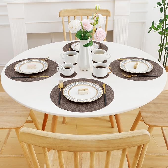 Homaxy Round Faux Leather Placemats and Coasters, Washable Dual-Side Table Mats, Wipeable Heat-Resistant Dining Place Mats for Outdoor and Indoor, Set of 6, Diameter 13 and 3.93 inch, Dark Brown