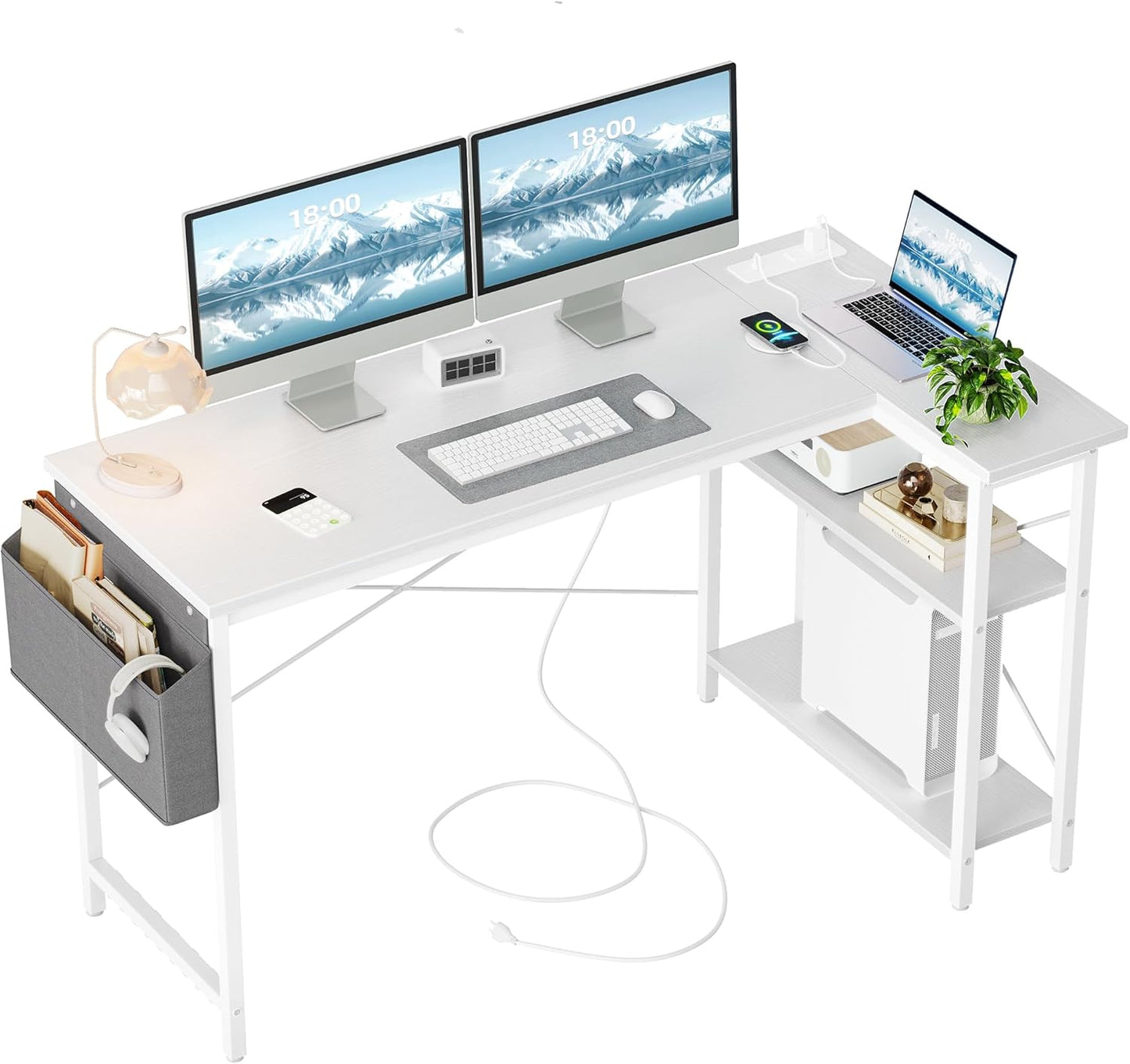 TIQLAB L Shaped Computer Desk with Power Outlets, 55 Inch Small Corner Desk with Reversible Shelves, Gaming Desk Computer Table Study Writing Desk for Home Office Small Space, White