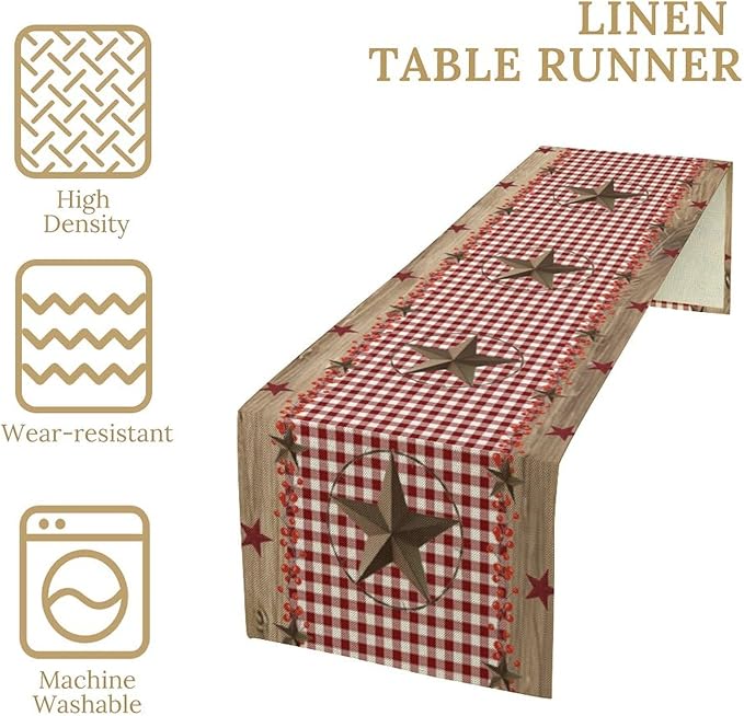 Farmhouse Western Table Runner,Rustic Country Barn Red White Buffalo Plaid Texas Star Berries Print Table Decoration for Kitchen Dining Table Wedding Home Party 13x70in