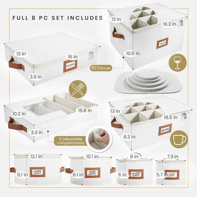 HOMELUX THEORY Saucer Plate Storage Box, 2pc Ivory Hard Shell China Storage Containers Thick Surfaces Lid & 24 Felt Pads, Heavy Duty Moving Box with Handles for Dishes, Dinner Plate, & Dinnerware