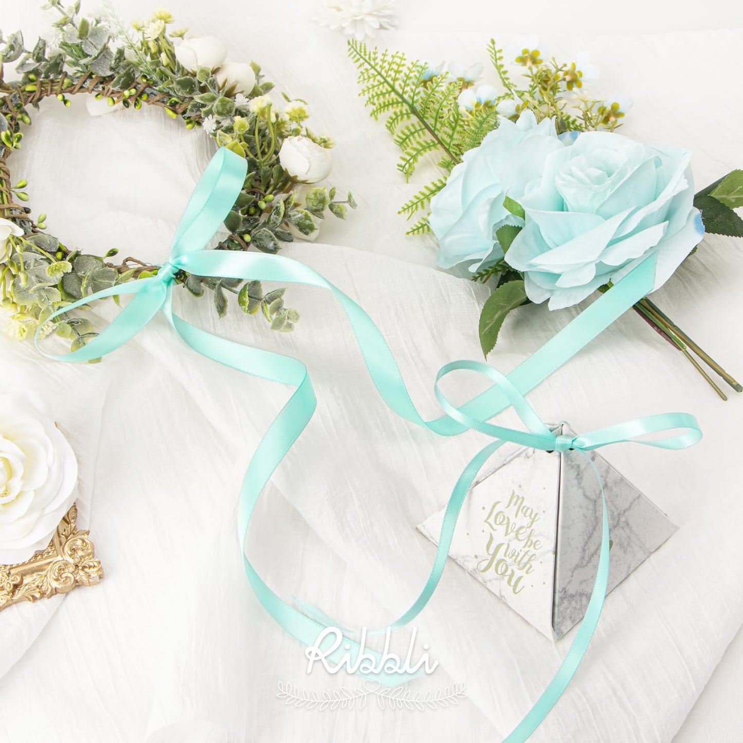 Ribbli Aqua Blue Satin Ribbon,Double Faced Satin 1/4 inch x Continuous 50 Yards,Aqua Blue Ribbon Use for Bows Bouquet,Gift Wrapping,Wedding Decoration,Floral Arrangement