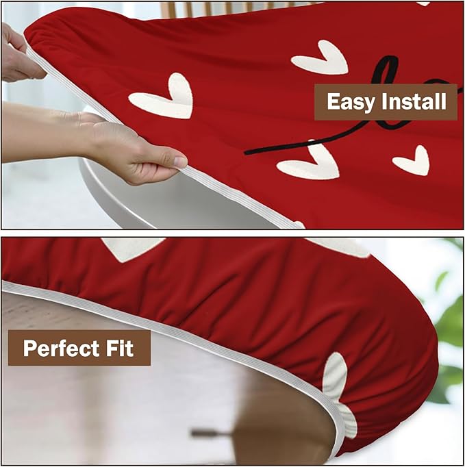 Valentines Day Round Fitted Tablecloth with Elastic Red White Love Heart Circle Table Cloth for 40-44" Round Tables Stretch Waterproof Washable Valentine Table Cover for Picnic Dining Party Decor