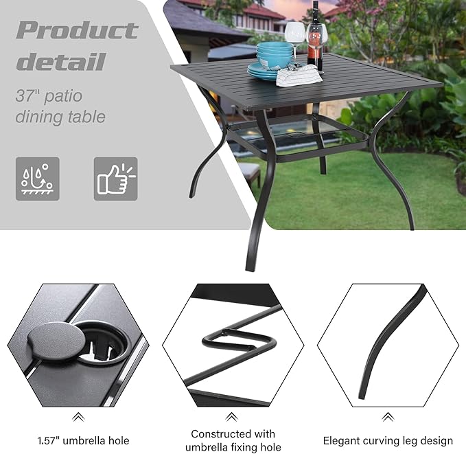 Sophia & William 5 Pieces Patio Dining Set with 9 ft Beige Patio Umbrella, Outdoor PE Rattan Chairs and Square Metal Table Set with Cushions and 1.57" Umbrella Hole for Backyard Porch Poolside