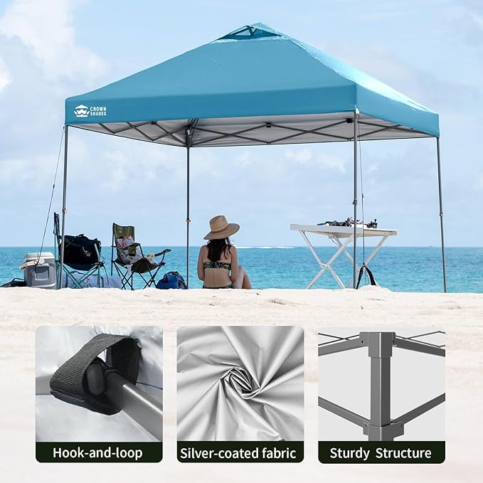 CROWN SHADES Adjustable Height on The Fly, 10x10 Pop Up Canopy - Beach Tent with One Push Setup - Easy Outdoor Sun Shade for Events, Parties, Camping - Outside Shade with STO-N-Go Bag, Cyan Blue
